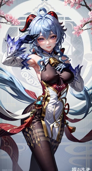 centered, ganyu (genshin impact), ganyu cosplay costume, light blue color hair, light purple iris, smiling, walking, falling sakura leaves, bokeh, depth of field, hyper realism shadows, ((best quality)), ((masterpiece)), ((realistic:1.3)), (detailed:1.3), ultra high res, powerful pose ,photorealism:1.3, ((perfect hand)) ,raw photo:1.3, ultra detailed, beastialily,detailed skin, Highly detailed face and skin texture, detailed eyes, double eyelids,dynamic light, pose, far shot,