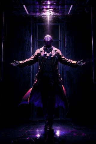 (masterpiece, Good Quality, Best Quality: 1.5)  bdsks, mask, long black jacket, white whistle, full body, black gloves, open arms, lab scenery, purple illumination