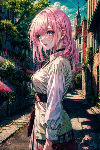 best quality,masterpiece,8k wallpaper,absurdres, highres, ultra detailed, (1 young beautiful girl, solo:1.1), blue eyes,realistic,bangs,long hair, pink hair, high collar,collared shirt,white shirt,pleated skirt,black skirt,cowboy shot, upper body,outdoors, castle, streets, green plants, flowers, BREAK