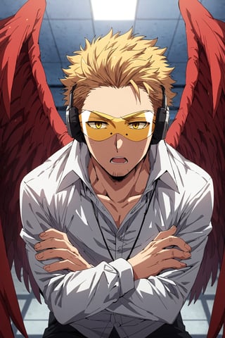 score_9, score_8_up, score_7_up, source_anime, rating_safe, , , , , 1boy, solo, male focus, , keigo_takami, blonde hair, yellow eyes, medium hair, stubble, wings, feathered wings, red wings, tinted eyewear, headphones, , close-up, airport, dusk, arms under breasts, open mouth, ,