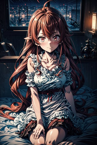 best quality, (masterpiece:1.2), detailed,,1girl, solo, closed mouth, slight smile, slight blush,long hair, red hair, ahoge, red eyes,nightgown, frills, bare shoulders, collarbone, sleevelesssitting, on bed, looking at the viewer,indoors, window, night