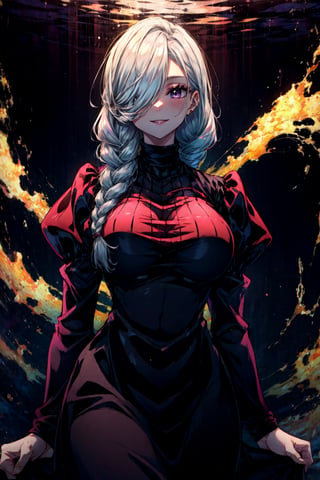 masterpiece, best quality, simple background, meidef, 1girl, solo, looking at viewer, wariza, purple eyes, long hair, braid, single braid, braided bangs, white hair, grey hair, hair over one eye, braided ponytail, long sleeves, breasts, dress, puffy sleeves, black dress, turtleneck dress, juliet sleeves, evil smile, large breasts,Circle