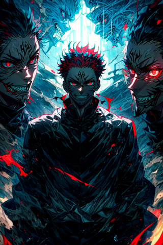 (masterpiece, best quality, official art:1.2), legendary curse, (Ryomen Sukuna:1.3), malevolent aura, sinister grin, (multi-eyed visage:1.1), intricate tattoos, long spiky fingers, black and red attire, domain expansion, fearsome presence, detailed background, cursed energy, powerful sorcerer, intense conflict, dark and mystical ambiance, captivating character design, iconic villain from Jujutsu Kaisen,SUKUNA