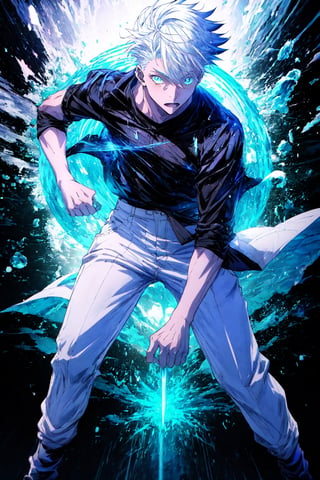 1boy, Gojo Satoru, powerful sorcerer, full body, black tight t-shirt, loose white pants, light blue eyes, white hair, Jujutsu Kaisen, mix of fantasy and realism, special effects, fantasy, ultra HD, HDR, 4K, realhands, gojosatoru