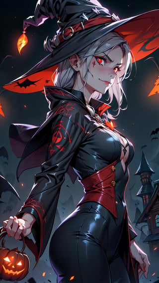  1 girl , witch , cute girl, proper pretty red eyes, side profile angry face looking at camera, evil smile, gray hair , blood stains , witch cloth, witches_hat, Halloween, Sci-fi, ultra high res, futuristic, bulge, casting spell, GlowingRunes_red, glowing runes, hat runes, 