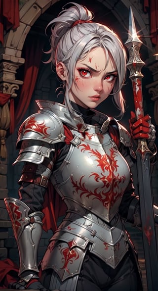 (looking at viewer:1.2), centered, (upper body), photography of a 22yo woman, red eyes, angry face, masterpiece, | (detailed eyes:1.2), , Ponytail gray hair , blood stains, {(solo)}, armor, knight templar with her armor crouching holding her sword and shield, silver knight armor, templar sign, ,delicate\(armor\), red and white theme,medieval armor