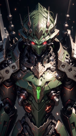 potrait:1.5 ,close up upper body, ((1 green robot)), (((angle mecha robot))), (((glowy red eyes))), (solo robot:2) , ((galaxy detail background)), mechanical body, red eyes, mechanical joints, (green armor), fantasy, giant robot, triadic color scheme, symmetrical features, perspective from below, towering over the landscape, green rage unleashed, ROBOTANIMESTYLE,Mecha warrior,mecha \(mjstyle\),r1ge,egypt