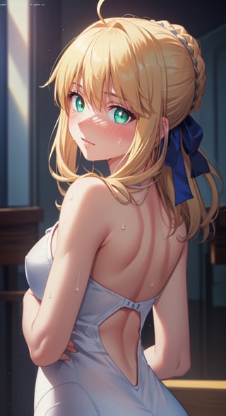Artoria Pendragon \ (Destiny\), best quality, （tmasterpiece）, （Very detailed CG unity 8K wallpaper）, best qualtiy, cinmatic lighting, detailed back ground, beatiful detailed eyes, Bright pupils, （Very fine and beautiful）, （Beautiful and detailed eye description）, super detailed, art book, anime coloring, CG, illustration, fantasy, 1 girl, solo, male focus, looking at the audience, attoria pendragon \ (destiny), armor, detailed beautiful face and eyes, oppressive environment, capable slender body ,dexterous dynamic masterpiece, best quality, high resolution, super detailed, 1 girl, solo, sideburns, ahoge, green eyes, portrait, standing, looking at the audience, sweat, blush