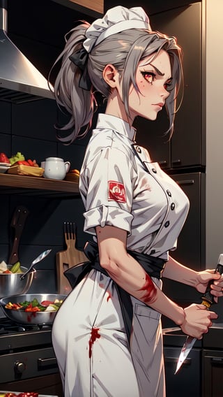  1 girl , chef , cute girl, proper pretty red eyes, side profile angry face looking at camera , Ponytail gray hair , blood stains , chef cloth, chef green clothes, chef hat, in the kitchen background, Sci-fi, ultra high res, futuristic, bulge, holding knife, chopping vegetable