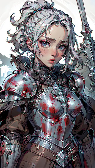 (looking at viewer:1.2), centered, (upper body), photography of a 22yo woman, masterpiece, | (beautiful detailed eyes:1.2), , Ponytail gray hair , blood stains, {(solo)}, upper body , armor, knight templar with her armor crouching holding her sword and shield, light armor, templar sign, ,delicate\(armor\)