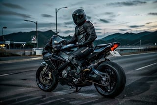 biker, black helmet, male_character,  shirt, black pants, motorcycle, gas station background, night, tatoos, race bike, asthetic, spoilers,full bike in frame, full bike picture,highly detaited, 8k, 1000mp,ultra sharp, master peice, realistic,detailed grills, detailed headlights,4k grill, 4k headlights, neon city, great body kit,yhmotorbike