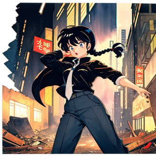 Ranma,takahashi rumiko, dripping paint, 1 girl, solo, 
wearing a tuxedo, pants look, tie, adult woman, battle_stance, Watercolor, In the ruined city, collapsed buildings,one side Braid, dynamic pose, short person