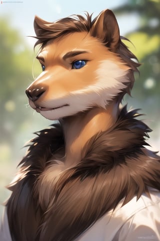 anthro, (capybara, rodent), solo, (brown fur:1.5),(masterpiece, best quality, ultra-detailed, 8K, highres, ultra detailed), ((1 male)), adult, mature, aged up, handsome, (brown hair, short hair, blue eyes), extremely detailed face, Serious, FurryCore