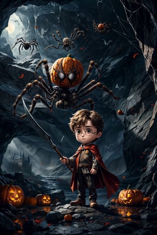 1boy, Photorealistic chibi art style, big detailed eyes, highly detailed, artistic, ((Harry Potter)) wearing a cloak with high heels holding a scythe, misty,((Spider in cave)), ((castle)), volumetric lighting, surrounding with ((spider)) and pumpkins, windy, depth of field, dynamic angle, bats flying in the background