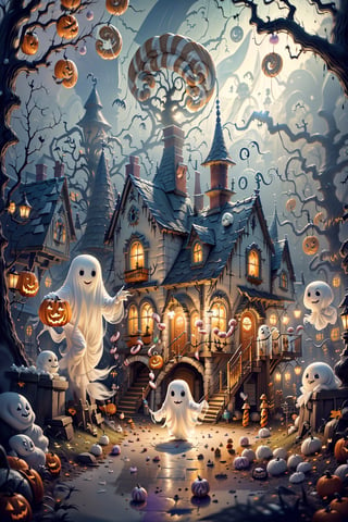 (masterpiece, top quality, best quality, beautiful and aesthetic), ((Qiqi as halloween candy house)), extremely detailed, hyper realistic, (Cinmatic:0.4), Explore the whimsical world of a (((amusement park made from candy))), where (((Qiqi the friendly ghost))) guides you through a Halloween-inspired adventure, (tree as candy), 
,C4ndyl4ndAI,ghost