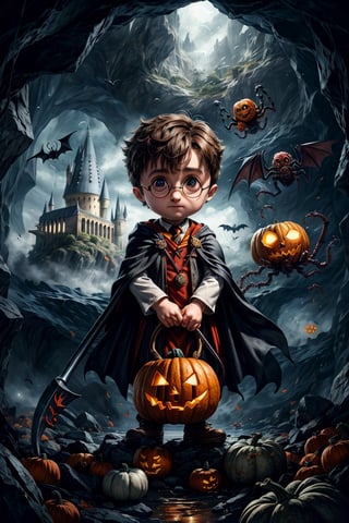 1boy, Photorealistic chibi art style, big detailed eyes, highly detailed, artistic, ((Harry Potter)) wearing a cloak with high heels holding a scythe, misty,((spider monster in cave)), castle, volumetric lighting, surrounding with skulls and pumpkins, spider in pumpkin, windy, depth of field, dynamic angle, bats flying in the background