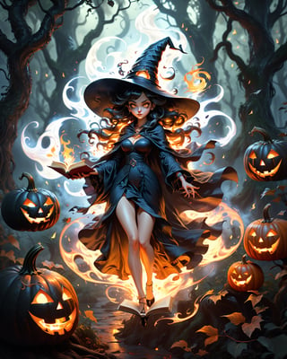 Full body portrait, Photorealistic art style, big detailed eyes, highly detailed, artistic, small black witch hat, a beautiful blue hair witch girl in sexy outfit with shiny cape, wearing high heels, reading an old magical book, casting a fire spell on the ghosts and pumpkins, in a jungle with lot of trees, volumetric lighting, dynamic poses, windy, depth of field, dynamic angle, swirling flame, ,mythical clouds,more detail XL,fire element, (ghost), 