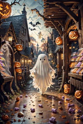 (masterpiece, top quality, best quality, beautiful and aesthetic), ((Qiqi as halloween candy house)), extremely detailed, hyper realistic, (Cinmatic:0.4), Explore the whimsical world of a (((amusement park made from candy))), where (((Qiqi the friendly ghost))) guides you through a Halloween-inspired adventure, (tree as candy), 
,C4ndyl4ndAI,ghost,ghost costume