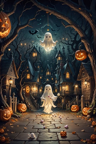 (masterpiece, top quality, best quality, beautiful and aesthetic), ((Qiqi as halloween candy house)), extremely detailed, hyper realistic, (Cinmatic:0.4), Explore the whimsical world of a (((amusement park made from candy))), where (((Qiqi the friendly ghost))) guides you through a Halloween-inspired adventure, (tree as candy), 
,C4ndyl4ndAI,ghost,ghost costume