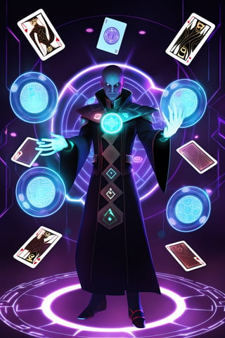 Sinister 35yo futuristic mage wearing fascistic uniform, outstretched hand surrounded by translucent hologram ribbons, cards, surrounded by cards, ,Circle, elemental