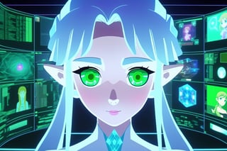 colorfull, effect, anime style, a screen shot of a girl look at viewer that is on display in a museum of computer technology, hologram, frozen, masterpiece, best quality, high detailed, magic circle, detailed face, green-eyes