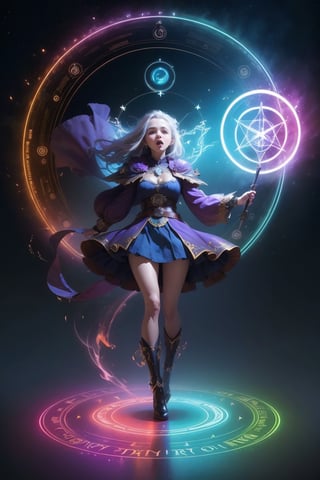 1 girl, colorful, full body, Wide Shot, wallpaper, energy, Unknown terror, arcane, Around the magic ,magic surrounds ,magic rod, book, pages flying all over the sky, Know it all, Predicting the Future, Know the past, Infinite wisdom, blue flame, Warlock, Magical Circle, Circle, Pentagram, incantation, mantra, Witcher,  Singing magic,  masterpiece, ultra realistic, best quality,Circle