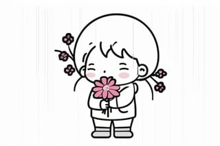 a boy feeling happy, spring, flower, holding flower, Line chibi pink, simple background, rain, best quality