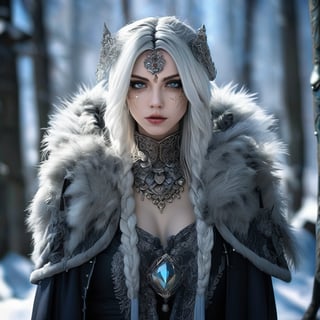 A fierce female warrior fighting in a snowy forest, in Medieval cloak, fur trimmed cloak, long hair, looking at viewer, blue eyes, simple background, (hair ornament), gem, tassel, hair between eyes, jewelry, upper body, earrings, lips, fur trim, eyelashes, portrait, beads, emo, (sharp eyes:1.4), (rebellious:1.4), (fierce:1.4), (standing: 1.2), silver-white hair, Gothic make-up, tough, wild. Kyoto Animation stylized anime, cinematic Lighting, ethereal light, intricate details, extremely detailed, incredible details, full colored, complex details, insanely detailed and intricate, hyper maximalist, gorgeous light and shadow, detailed decoration, detailed lines. Masterpiece, best quality, aerial view, HDR, UHD, unreal engine. looking at the camera, dark Fantasy background, representative, fair skin, beautiful face,A beautiful girl, blonde hair, dynamic character, detailed exquisite face, bold high quality, high contrast,art_booster,DonMS4kur4XL