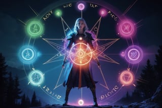 1 girl, colorful, full body, Wide Shot, wallpaper, energy, Unknown terror, arcane, Around the magic ,magic surrounds ,magic rod, book, pages flying all over the sky, Know it all, Predicting the Future, Know the past, Infinite wisdom, blue flame, Warlock, Magical Circle, Circle, Pentagram, incantation, mantra, Witcher,  Singing magic,  masterpiece, ultra realistic, best quality,Circle