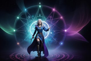 1 girl, colorful, full body, Wide Shot, wallpaper, energy, Unknown terror, arcane, Around the magic ,magic surrounds ,magic rod, book, pages flying all over the sky, Know it all, Predicting the Future, Know the past, Infinite wisdom, blue flame, Warlock, Magical Circle, Circle, Pentagram, incantation, mantra, Witcher,  Singing magic,  masterpiece, ultra realistic, best quality,Circle