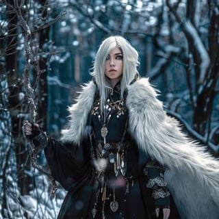 A fierce female warrior fighting in a snowy forest, in Medieval cloak, fur trimmed cloak, long hair, looking at viewer, blue eyes, simple background, (hair ornament), gem, tassel, hair between eyes, jewelry, upper body, earrings, lips, fur trim, eyelashes, portrait, beads, emo, (sharp eyes:1.4), (rebellious:1.4), (fierce:1.4), (standing: 1.2), silver-white hair, Gothic make-up, tough, wild. Kyoto Animation stylized anime, cinematic Lighting, ethereal light, intricate details, extremely detailed, incredible details, full colored, complex details, insanely detailed and intricate, hyper maximalist, gorgeous light and shadow, detailed decoration, detailed lines. Masterpiece, best quality, aerial view, HDR, UHD, unreal engine. looking at the camera, dark Fantasy background, representative, fair skin, beautiful face,A beautiful girl, blonde hair, dynamic character, detailed exquisite face, bold high quality, high contrast,art_booster,DonMS4kur4XL