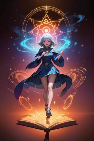 1 girl, colorful, full body, Wide Shot, wallpaper, energy, Unknown terror, arcane, Around the magic ,magic surrounds ,magic rod, book, pages flying all over the sky, Know it all, Predicting the Future, Know the past, Infinite wisdom, blue flame, Warlock, Magical Circle, Circle, Pentagram, incantation, mantra, Witcher,  Singing magic,  masterpiece, ultra realistic, best quality,Circle