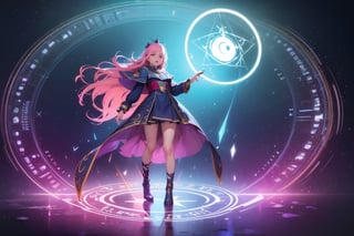 1 girl, colorful, full body, Wide Shot, wallpaper, energy, Unknown terror, arcane, Around the magic ,magic surrounds ,magic rod, book, pages flying all over the sky, Know it all, Predicting the Future, Know the past, Infinite wisdom, blue flame, Warlock, Magical Circle, Circle, Pentagram, incantation, mantra, Witcher,  Singing magic,  masterpiece, ultra realistic, best quality,Circle