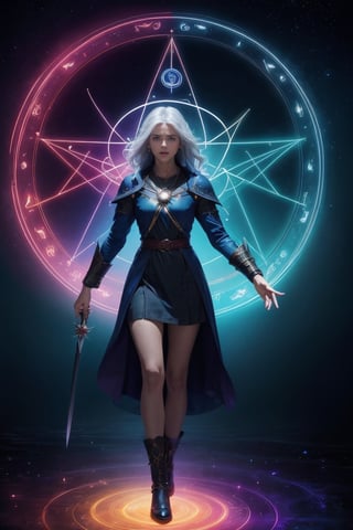 1 girl, colorful, full body, Wide Shot, wallpaper, energy, Unknown terror, arcane, Around the magic ,magic surrounds ,magic rod, book, pages flying all over the sky, Know it all, Predicting the Future, Know the past, Infinite wisdom, blue flame, Warlock, Magical Circle, Circle, Pentagram, incantation, mantra, Witcher,  Singing magic,  masterpiece, ultra realistic, best quality,Circle