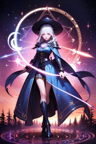 1 girl, colorful, full body, Wide Shot, wallpaper, energy, Unknown terror, arcane, Around the magic ,magic surrounds ,magic rod, book, pages flying all over the sky, Know it all, Predicting the Future, Know the past, Infinite wisdom, blue flame, Warlock, Magical Circle, Circle, Pentagram, incantation, mantra, Witcher,  Singing magic,  masterpiece, ultra realistic, best quality,Circle