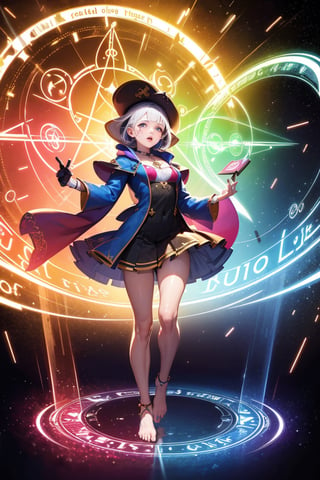 1 girl, colorful, full body, Wide Shot, wallpaper, energy, Unknown terror, arcane, Around the magic ,magic surrounds ,magic rod, book, pages flying all over the sky, Know it all, Predicting the Future, Know the past, Infinite wisdom, blue flame, Warlock, Magical Circle, Circle, Pentagram, incantation, mantra, Witcher,  Singing magic,  masterpiece, ultra realistic, best quality,Circle