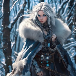 A fierce female warrior fighting in a snowy forest, in Medieval cloak, fur trimmed cloak, long hair, looking at viewer, blue eyes, simple background, (hair ornament), gem, tassel, hair between eyes, jewelry, upper body, earrings, lips, fur trim, eyelashes, portrait, beads, emo, (sharp eyes:1.4), (rebellious:1.4), (fierce:1.4), (standing: 1.2), silver-white hair, Gothic make-up, tough, wild. Kyoto Animation stylized anime, cinematic Lighting, ethereal light, intricate details, extremely detailed, incredible details, full colored, complex details, insanely detailed and intricate, hyper maximalist, gorgeous light and shadow, detailed decoration, detailed lines. Masterpiece, best quality, aerial view, HDR, UHD, unreal engine. looking at the camera, dark Fantasy background, representative, fair skin, beautiful face,A beautiful girl, blonde hair, dynamic character, detailed exquisite face, bold high quality, high contrast,art_booster,DonMS4kur4XL