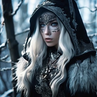 A fierce female warrior fighting in a snowy forest, in Medieval cloak, fur trimmed cloak, long hair, looking at viewer, blue eyes, simple background, (hair ornament), gem, tassel, hair between eyes, jewelry, upper body, earrings, lips, fur trim, eyelashes, portrait, beads, emo, (sharp eyes:1.4), (rebellious:1.4), (fierce:1.4), (standing: 1.2), silver-white hair, Gothic make-up, tough, wild. Kyoto Animation stylized anime, cinematic Lighting, ethereal light, intricate details, extremely detailed, incredible details, full colored, complex details, insanely detailed and intricate, hyper maximalist, gorgeous light and shadow, detailed decoration, detailed lines. Masterpiece, best quality, aerial view, HDR, UHD, unreal engine. looking at the camera, dark Fantasy background, representative, fair skin, beautiful face,A beautiful girl, blonde hair, dynamic character, detailed exquisite face, bold high quality, high contrast,art_booster,DonMS4kur4XL