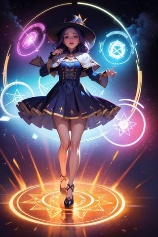 1 girl, colorful, full body, Wide Shot, wallpaper, energy, Unknown terror, arcane, Around the magic ,magic surrounds ,magic rod, book, pages flying all over the sky, Know it all, Predicting the Future, Know the past, Infinite wisdom, blue flame, Warlock, Magical Circle, Circle, Pentagram, incantation, mantra, Witcher,  Singing magic,  masterpiece, ultra realistic, best quality,Circle