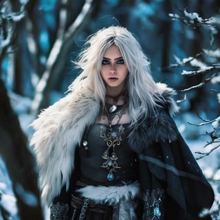 A fierce female warrior fighting in a snowy forest, in Medieval cloak, fur trimmed cloak, long hair, looking at viewer, blue eyes, simple background, (hair ornament), gem, tassel, hair between eyes, jewelry, upper body, earrings, lips, fur trim, eyelashes, portrait, beads, emo, (sharp eyes:1.4), (rebellious:1.4), (fierce:1.4), (standing: 1.2), silver-white hair, Gothic make-up, tough, wild. Kyoto Animation stylized anime, cinematic Lighting, ethereal light, intricate details, extremely detailed, incredible details, full colored, complex details, insanely detailed and intricate, hyper maximalist, gorgeous light and shadow, detailed decoration, detailed lines. Masterpiece, best quality, aerial view, HDR, UHD, unreal engine. looking at the camera, dark Fantasy background, representative, fair skin, beautiful face,A beautiful girl, blonde hair, dynamic character, detailed exquisite face, bold high quality, high contrast,art_booster,DonMS4kur4XL