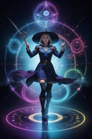 1 girl, colorful, full body, Wide Shot, wallpaper, energy, Unknown terror, arcane, Around the magic ,magic surrounds ,magic rod, book, pages flying all over the sky, Know it all, Predicting the Future, Know the past, Infinite wisdom, blue flame, Warlock, Magical Circle, Circle, Pentagram, incantation, mantra, Witcher,  Singing magic,  masterpiece, ultra realistic, best quality,Circle