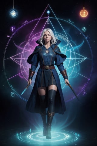 1 girl, colorful, full body, Wide Shot, wallpaper, energy, Unknown terror, arcane, Around the magic ,magic surrounds ,magic rod, book, pages flying all over the sky, Know it all, Predicting the Future, Know the past, Infinite wisdom, blue flame, Warlock, Magical Circle, Circle, Pentagram, incantation, mantra, Witcher,  Singing magic,  masterpiece, ultra realistic, best quality,Circle