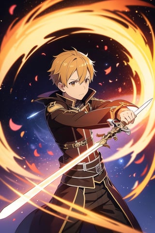 1 man holding sword, kiriti, sword art online , effect, fire, elemental, magic,  masterpiece, ultra realistic, best quality