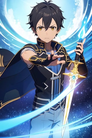 1 man holding sword, kiriti, sword art online , effect, fire, elemental, magic,  masterpiece, ultra realistic, best quality