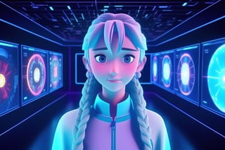 colorfull, effect, anime style, a screen shot of a girl look at viewer that is on display in a museum of computer technology, hologram, frozen, masterpiece, best quality, high detailed, magic circle,