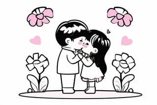 a boy kiss a girl, spring, flower, holding flower, Line chibi pink, simple background, best quality