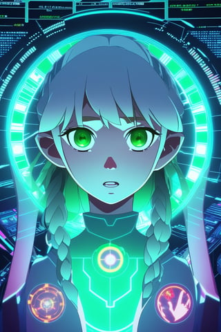 colorfull, effect, anime style, a screen shot of a girl look at viewer that is on display in a museum of computer technology, hologram, frozen, masterpiece, best quality, high detailed, magic circle, detailed face, green-eyes