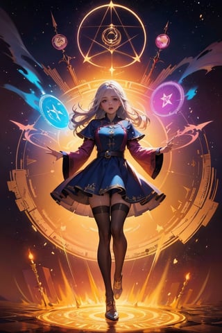 1 girl, colorful, full body, Wide Shot, wallpaper, energy, Unknown terror, arcane, Around the magic ,magic surrounds ,magic rod, book, pages flying all over the sky, Know it all, Predicting the Future, Know the past, Infinite wisdom, blue flame, Warlock, Magical Circle, Circle, Pentagram, incantation, mantra, Witcher,  Singing magic,  masterpiece, ultra realistic, best quality,Circle