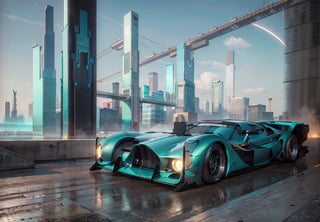 (masterpiece, shar, higly detailed, award-winning photo, professional:1.2), turquoise candy color car retro futuristic 60's styled hyper car,  art deco megalopolis at illuminated sunny day, highly detailed retro futuristic dieselpunk visual