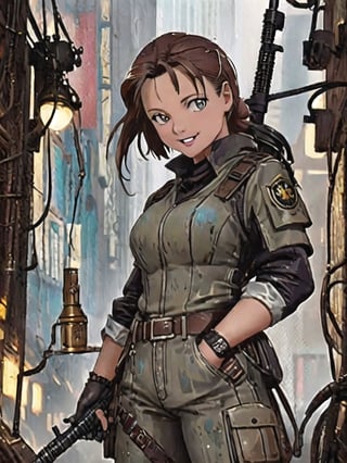 cheerful and mischievous laughing arabian female, poorly built, thin, gap-toothed man-warrior. Short, stooped, with a grenade launcher, in a tattered, worn uniform, in the style of the Kariolis RPG Watercolor, trending on artstation, sharp focus, studio photo, intricate details, highly detailed, by greg rutkowski, more detail XL, hyper detailed, realistic, oil painting, by julie bell, frank frazetta, cinematic lighting, ultra hd, realistic, vivid colors, highly detailed, UHD drawing, pen and ink, perfect composition, beautiful detailed intricate insanely detailed octane render trending on artstation, 8k artistic photography, photorealistic concept art, soft natural volumetric cinematic perfect light, ,More Reasonable Details,disney pixar style,masterpiece,score_9_up